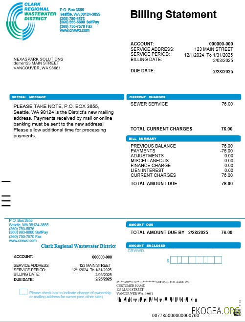 États Unis, Washington Clark Regional Wastewater District, facture de services publics, modèle Word et PDF